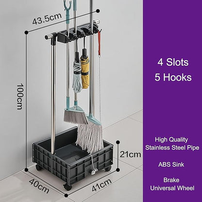 Mop and Broom Holder Cleaning Supplies Mop Bucket Garden Tool Organizer Cleaning Carts on Wheels Freestanding Broom Closet Storage Cabinet Mop Sink for Ho(One Color-4 Slots 5 Hooks