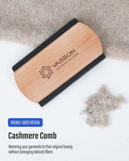 VASSON Cashmere Comb for Sweaters & Wool - Thicker Solid Beechwood Handle Fabric Shaver - 20% Larger Manual Depiller & Fuzz Remover for Knits, Scarves, and Coats (Dual-Sided Design)