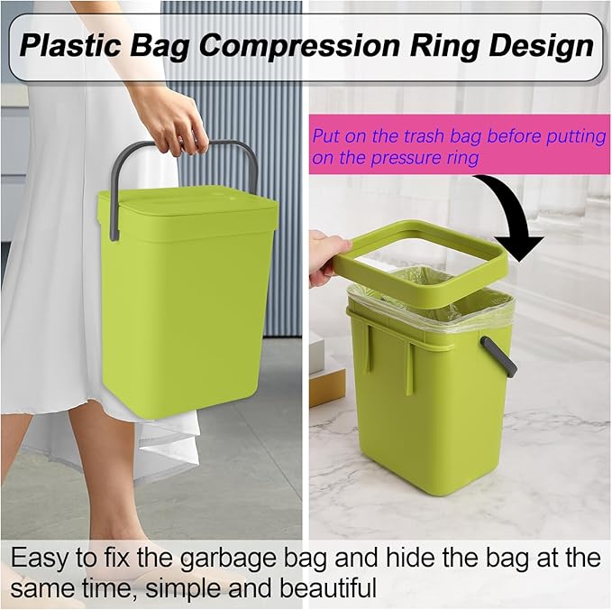 1.3 Gallon/5L Compost bin Kitchen, for use on countertops or Under Sinks, Hanging Trash can with lid, for Cupboard/Bathroom/Bedroom/Office/Camping, Mountable Indoor Compost Bucket(Green)