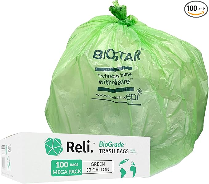 Reli. Biodegradable 33 Gallon Trash Bags, 100 Count, Green Eco Friendly, Degradable Under Certain Conditions, Custom-Fit for Compactor