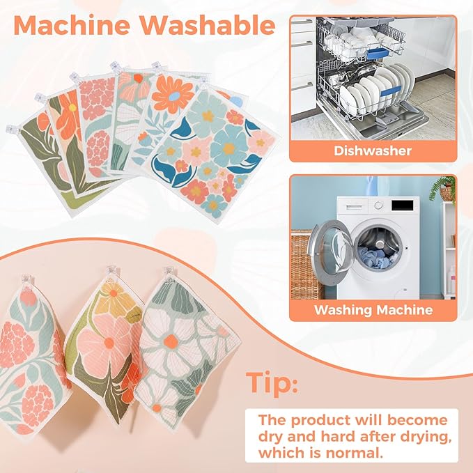 Needbrock 6 Pack Swedish Dishcloths for Kitchen,Abstract Floral Dish Towels with Clips, Reusable Paper Towels Washable Absorbent Cellulose Sponge Cloths No Odor for Cleaning Home Kitchen