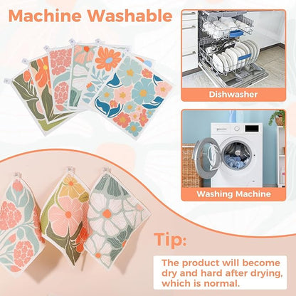 Needbrock 6 Pack Swedish Dishcloths for Kitchen,Abstract Floral Dish Towels with Clips, Reusable Paper Towels Washable Absorbent Cellulose Sponge Cloths No Odor for Cleaning Home Kitchen