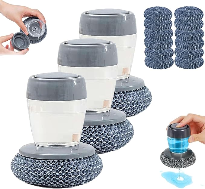 Comfort Grip Soap Dispensing Kitchen Scrub, Kitchen Scrub Brush with Built-in Soap Dispenser Without Soap, Replaceable Nylon Bristles, Non-Slip Handle for Cleaning Dishes (3+12pcs Cleaning Ball)