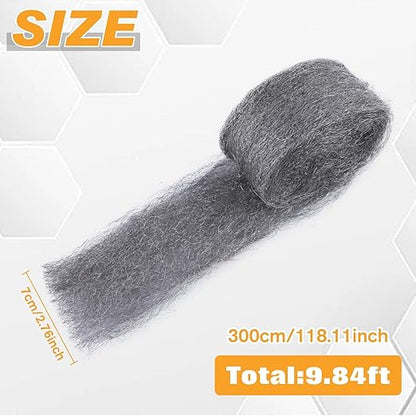 2 Packs Steel Wool Mice Control 2.75" x9.84Ft Gap Fill Fabric Hole Filler with Gloves & Scissors Wall Cracks Gap Blocker Protect Against Animals in Holes, Pipeline, Vents for House, Garage