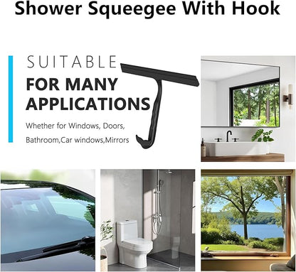 Shower Squeegee for Glass Doors,2-in-1 Silicone Shower Squeegee with Hook,Hang Anywhere | Streak-Free Bathroom Squeegee | Household Window Mirror Squeegee for Bathroom,Glass,Tile Wall,Car | Black
