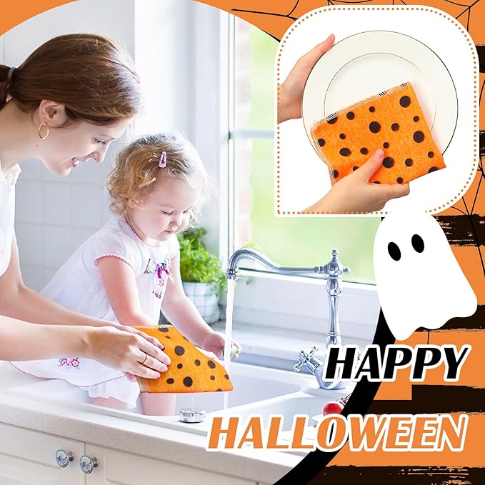 Mindsoft 36 Pcs Halloween Reusable Paper Towels Rolls Washable Bulk Halloween Boo Ghost Pumpkin Kitchen Dish Towels Paperless Reusable Cloth Cotton Napkins with Cardboard for Kitchen Bathroom
