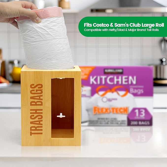 Libreshine Extra-Large Top-Loading Garbage Bag Holder Dispenser, Bamboo Trash Bag Organizer for Costco-Sized 13-33 Gallon Jumbo Rolls, Under-Sink, Wall-Mounted Storage for Kitchen & Garage