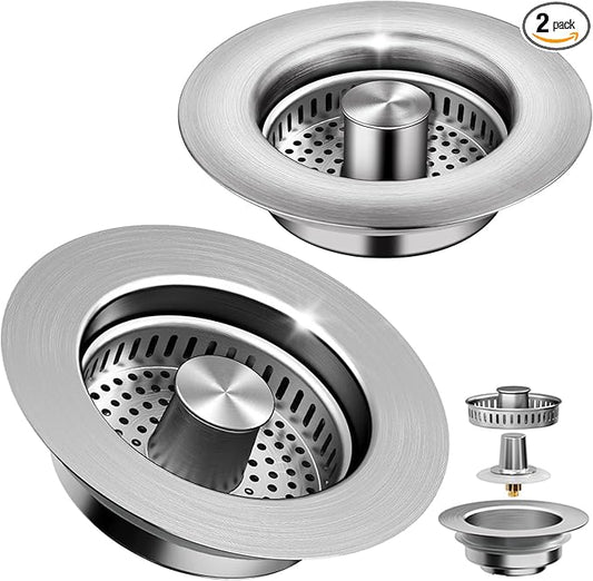 3-in-1 Kitchen Sink Drain Strainer & Sink Stopper 2 Pack - 304 Stainless Steel Sink Drain Strainer, Pop-Up Anti-Clog Design, Fits Standard 3-1/2'' Sink Drains