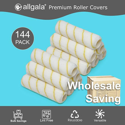 Allgala Paint Roller Covers, 144 Case Pack 9 Inch Shedless Lint Free Painter Roller Covers 1/2 in Roller Naps for Paint Roller Kit for House Painting and Professional Projects