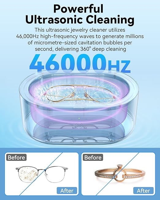 JeaTone Ultrasonic Jewelry Cleaner, 46KHz Sonic Jewelry Cleaner Machine for All Jewelry, Eyeglasses, Retainers, Dentures, Rings, Watches, Earrings & More, 304 Stainless Steel 20oz Cleaning Pod (Black)