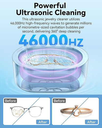 JeaTone Ultrasonic Jewelry Cleaner, 46KHz Sonic Jewelry Cleaner Machine for All Jewelry, Eyeglasses, Retainers, Dentures, Rings, Watches, Earrings & More, 304 Stainless Steel 20oz Cleaning Pod (Black)