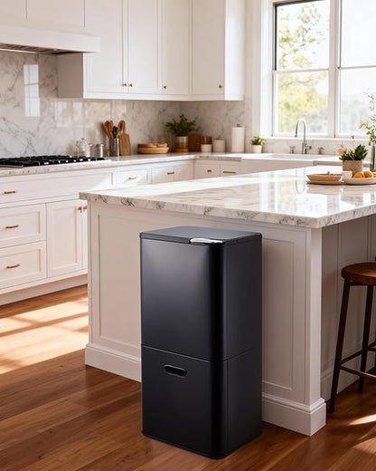 GarveeHome 16 Gallon Dual Trash Can for Kitchen, 2 Compartment Stainless Steel Garbage Can, 33L+28L Kitchen Recycling Bin with Compost Caddy, Removable Inner Bucket & Odor Control, Black