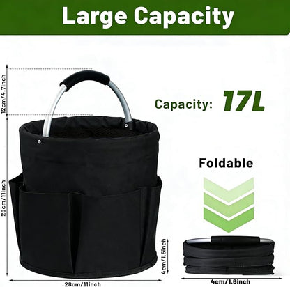 17L Foldable Cleaning Caddy with Handle - Portable Oxford Fabric Storage Bucket, Organiser for Cleaning Supplies, Toiletries, Home, Garden, Picnic & Beach (Black)