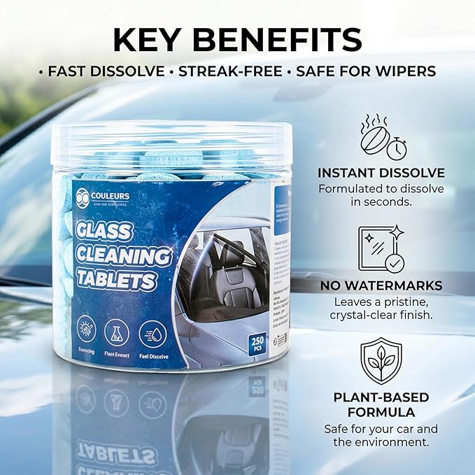 Couleurs Car Windshield Washer Tablets, Washer Fluid Tablets Glass Cleaner Concentrate Windshield Wiper Fluid Car Windshield Cleaner Automotive Glass Cleaner, 200 Pieces, 250 Pieces