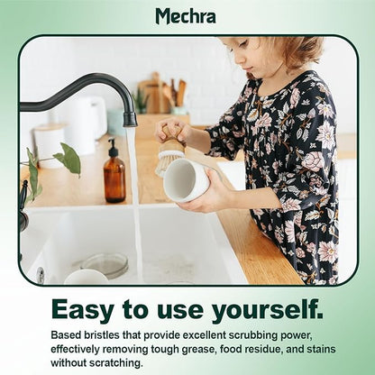 Bamboo Dish Scrub Brush with Natural Bristles by Mechra – Eco-Friendly Kitchen Cleaning Brush, Ergonomic Wooden Handle for Dishwashing, Pots, Pans & Sink Scrubbing