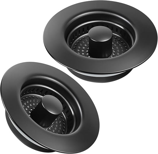 Kitchen Sink Drain Strainer 2 Pack, 304 Stainless Steel Pop Up Sink Stopper, Anti-Clogging Sink Drain Strainer for US Standard Kitchen Drain (Matte Black)