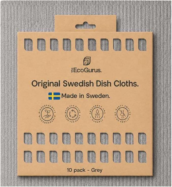 10 Pack Odour-Resistant Reusable Cleaning Cloths | Original Swedish Dishcloth | Made in Sweden | Suitable for All Surfaces | Biodegradable Cellulose Sponge | Kitchen & Bathroom | Gray
