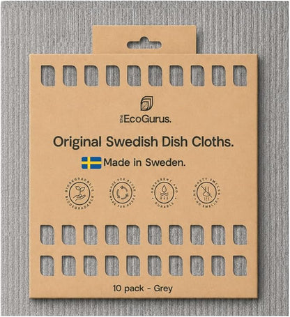 10 Pack Odour-Resistant Reusable Cleaning Cloths | Original Swedish Dishcloth | Made in Sweden | Suitable for All Surfaces | Biodegradable Cellulose Sponge | Kitchen & Bathroom | Gray