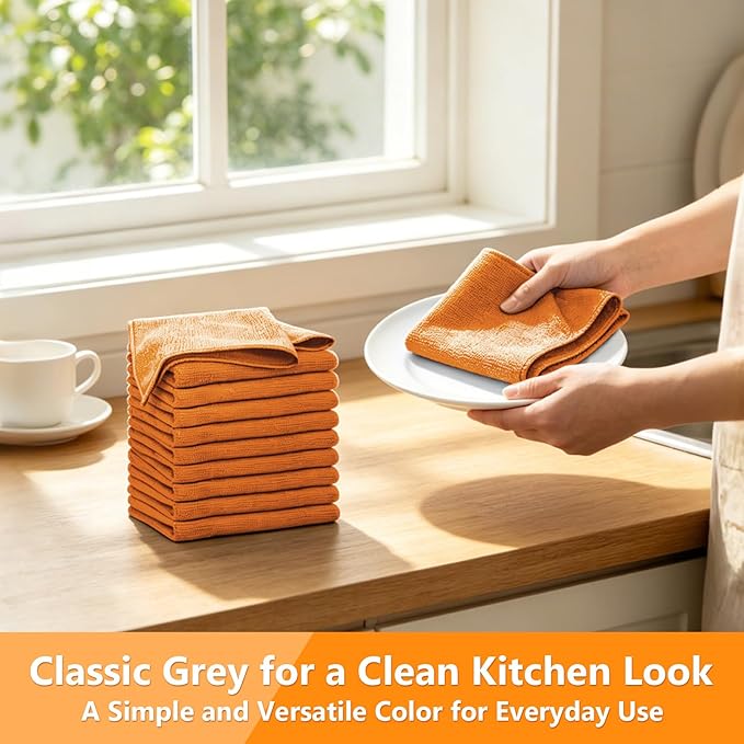 Kitchen Dish Cloths, 12 Pack, 10 x 10 Inches, Super Absorbent Kitchen Towels, Soft Lint Free Reusable Dish Cloths for Nonstick Cookware, Counters and Sink, Orange