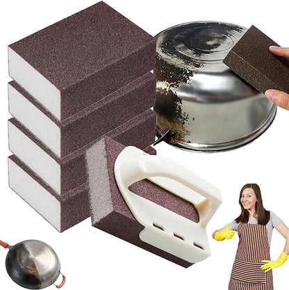 Magic Cleaning Sponge with Handle, Heavy Duty Nano Carbide Cleaning Sponge, Nanotechnology Sponge Scrubber, Emery Cleaning Sponge Brush Eraser Scrub Pads, Removing Rust for Pots and Pans (5PCS)