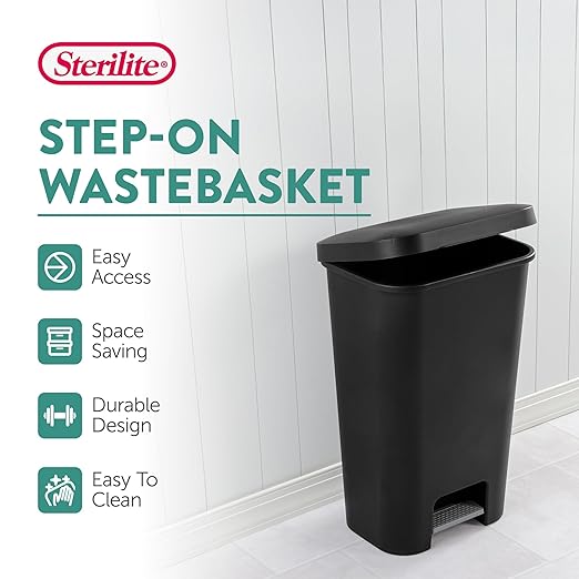 Sterilite 11.9 Gallon Rectangular Step On Kitchen Plastic Indoor Wastebasket with Wide Opening Lid and Comfort Handle for Home, Black (4 Pack)