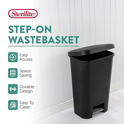 Sterilite 11.9 Gallon Rectangular Step On Kitchen Plastic Indoor Wastebasket with Wide Opening Lid and Comfort Handle for Home, Black (4 Pack)