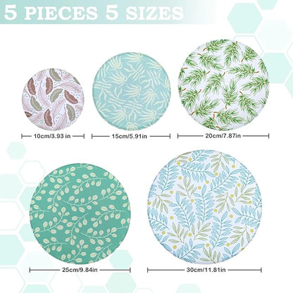 5-Size Reusable Beeswax Bowl Covers for Bread Proofing, Cotton Cloth Flexible Beeswax Wraps for Food Storage(Green Leaves)