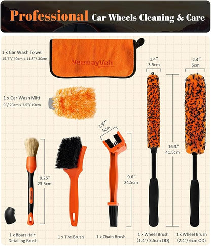 YeewayVeh 7PCS Motorcycle Cleaning Kit with 2-Size Bendable Wheel Brushes-Hard Reach Brush,Tire and Chain Brush, Boar Hair Detailing Brush, Wash Mitt & Microfiber Towel for Dirt Bike & Car Wheels