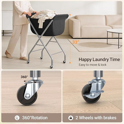 ELYKEN Laundry Cart with Wheels, 32”H Easy Rolling Laundry Hamper with Removable Liner Bag, Sturdy Metal Frame Clothes Basket with 4 Casters and 2 Brakes