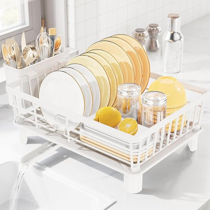 Dish Drying Rack for Kitchen Counter, Multifunctional Dish Rack with 360° Adjustable Spout, Kitchen Organizers and Storage with Cutlery Holder, White