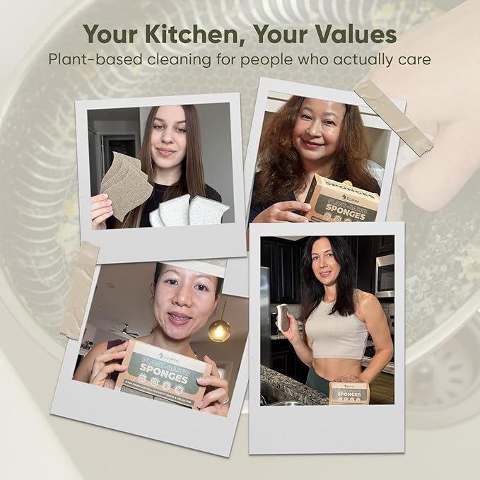 Plant-Based Kitchen Sponges (6 Pack) | USDA Biobased Certified | FSC & PETA Approved | Natural Cellulose & Coconut Scrubber Sponge | S-Shaped Design | Eco-Friendly, Non-Scratch, Non-Toxic & Vegan