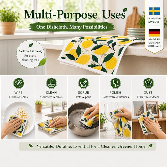 5 PCS Fruit Print Swedish Dishcloths for Kitchen 100% Biodegradable, Reusable Cellulose Sponge Cloths Ultra Absorbent, Eco Friendly Cleaning Towels Dishcloths for Washing Dishes & General Cleaning