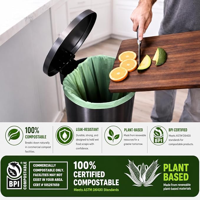 100% Compostable 13 Gallon Bags (35 Bags) Tall Kitchen Food Scrap Disposable Compost Trash Bgas Certified Composte Bags US BPI & OK Compost Home Certified by Meeting ASTM D6400 (35 ct.)