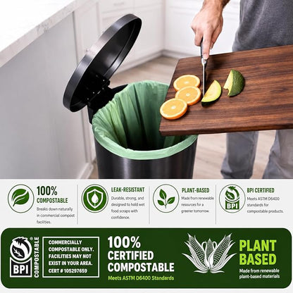 100% Compostable 13 Gallon Bags (35 Bags) Tall Kitchen Food Scrap Disposable Compost Trash Bgas Certified Composte Bags US BPI & OK Compost Home Certified by Meeting ASTM D6400 (35 ct.)