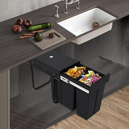 Pullout Trash Can, 10L + 20L Pull Out Under Cabinet Trash Can with Lid, Kitchen Cabinet Garbage Can Sliding Out Under Counter Waste Bin (Black)