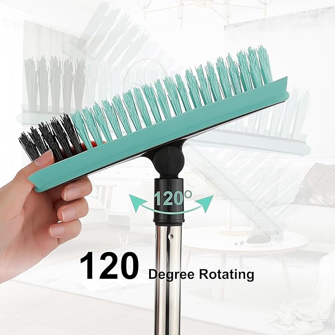 Grout Cleaner Brush with Long Handle, V-Shaped Floor Scrub Brush Swivel Grout Brush Stiff Bristle Floor Grout Scrubber for Bathroom, Tile Line, Crevice, Kitchen, Wall, Deck, Garage (Green)