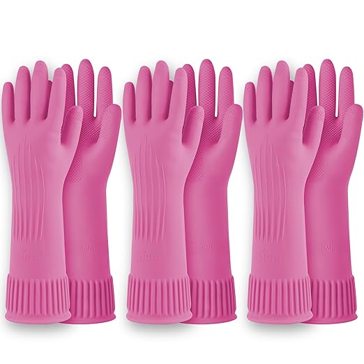 DABOGOSA Reusable Waterproof Household Dishwashing Cleaning Rubber Gloves, Non-Slip Kitchen Glove (Pink, Medium (Pack of 3))