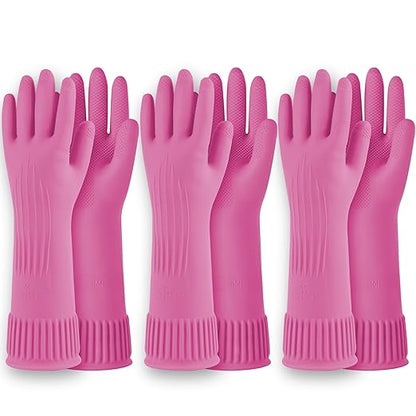DABOGOSA Reusable Waterproof Household Dishwashing Cleaning Rubber Gloves, Non-Slip Kitchen Glove (Pink, Medium (Pack of 3))