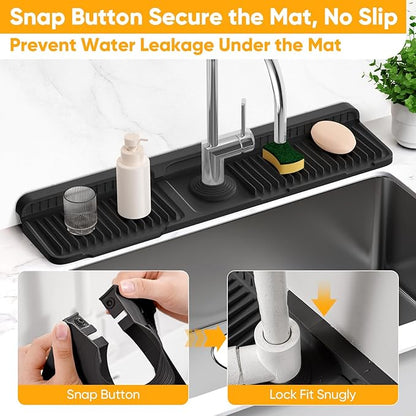 24'' Longer Faucet Mat for Kitchen Sink Splash Guard[7° Slope Fast Self-draining][Snap Lock Fit]Kitchen Sink Faucet Mat Splash Guard Kitchen Sink Area Water Splash Guard Behind Faucet Draining Mat
