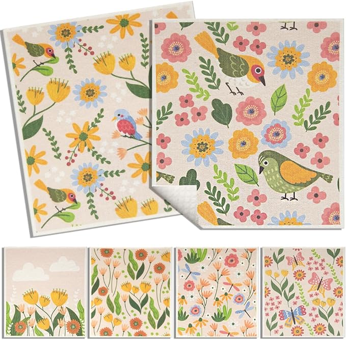 6 - Pack Swedish Kitchen Dish Cloths - Reusable Paper Towels for Counters & Dishes - Eco Friendly Cellulose Sponge Cloth (Broken Flowers)
