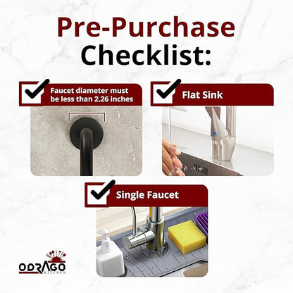 Odrago Silicone Faucet Mat (14"x5.70"x0.59"), Bathroom, Countertop and Kitchen Sink Splash Guard, Anti-Slip Faucet Drip Catcher Tray, 90-Degree Foldable Edge, Sloped Design for Fast Drying, Grey