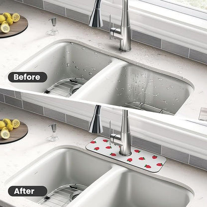 Strawberry Print Strawberries Kitchen Sink Splash Guard Faucet Mat Super Absorbent Fast Drying Mat Sink Gadgets-Fast Drying Pad Sink Mat For Kitchen Bathroom (15" X 5.5" )