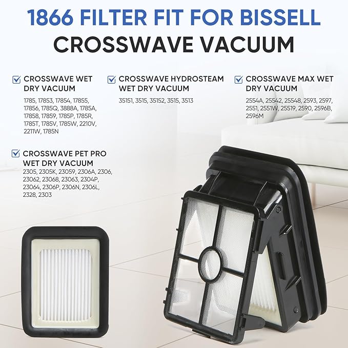 4 Pack 1866 Replacement Filters Compatible with Bissell Crosswave 1785 3888A 2551 & Crosswave Pet Pro 2306 & 2554 2596 CrossWave Cordless Max & Crosswave HydroSteam 35151 3518 Wet Dry Vacuum Cleaner