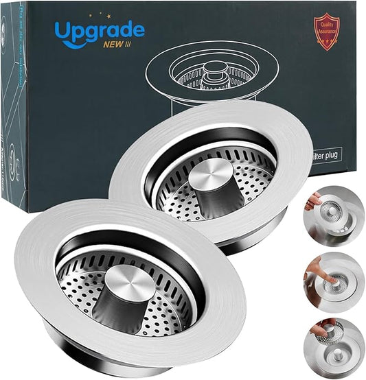 Kitchen Sink Drain Strainer,Stainless Steel 3-in-1 Pop-up Sink Stopper with Sealing Ring, Anti-Clog & Odor-Proof Drain Filter, Fits 3-1/2 Inch Sink Drain Holes, Easy Installation-2pc