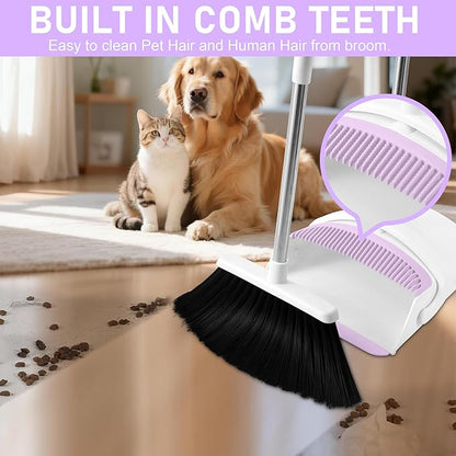 Broom with Dustpan Combo Set for Home, 52-in Long Adjustable Handle Angle Broom and Dustpan Set with Dustpan Comb Teeth for Sweeping Pet Hair Food Dirt Kitchen