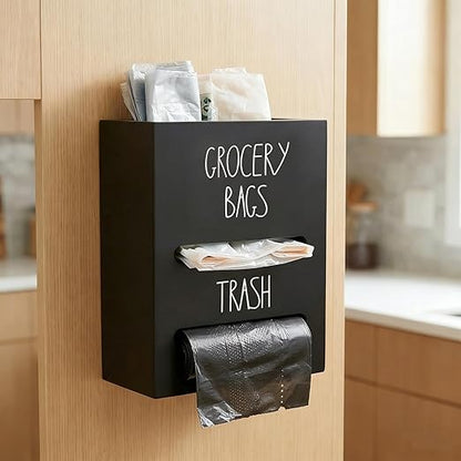 Trash Bag Dispenser, 2-in-1 Wall Mount Wooden Garbage Bag Holder, Under Sink Organizer for 4-13 Gallon Bags & Plastic Grocery Bags, Kitchen Cabinet Storage with Top Slot, Black