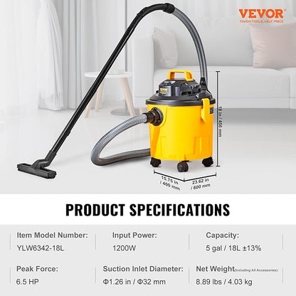VEVOR 5 Gallon 6.0 Peak HP Wet and Dry Shop Vac， Portable Shop Vacuum and Blower 3-in-1 with Filter, Hose and Attachments for Home and Car Cleaning Black/Yellow