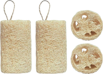 Natural Loofah for Shower & Kitchen – 4 Pack Exfoliating Body Scrubbers & Eco Dish Sponges – Loofah for Men & Women, Cylindrical & Round Shapes.