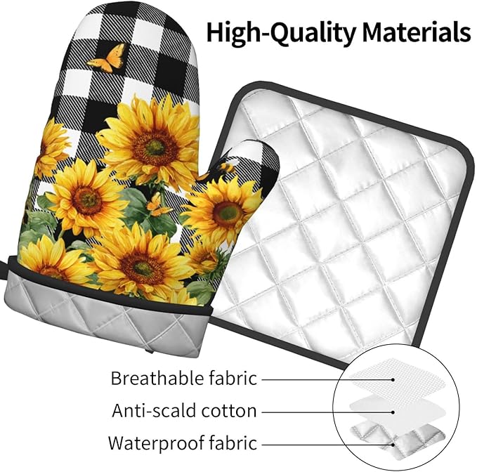 Sunflower Oven Mitts and Pot Holders Sets of 2 Buffalo Plaid Kitchen Mitts Farmhouse Hot Pads for Cooking Baking Grilling