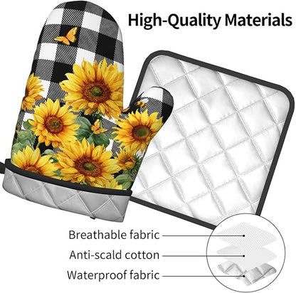 Sunflower Oven Mitts and Pot Holders Sets of 2 Buffalo Plaid Kitchen Mitts Farmhouse Hot Pads for Cooking Baking Grilling